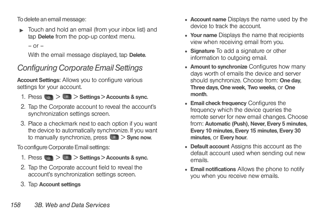 LG Electronics Optimus S Configuring Corporate Email Settings, To delete an email message, 158 3B. Web and Data Services 