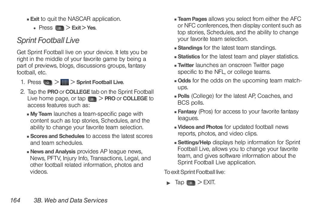 LG Electronics Optimus S manual Sprint Football Live, To exit Sprint Football live, 164 3B. Web and Data Services 