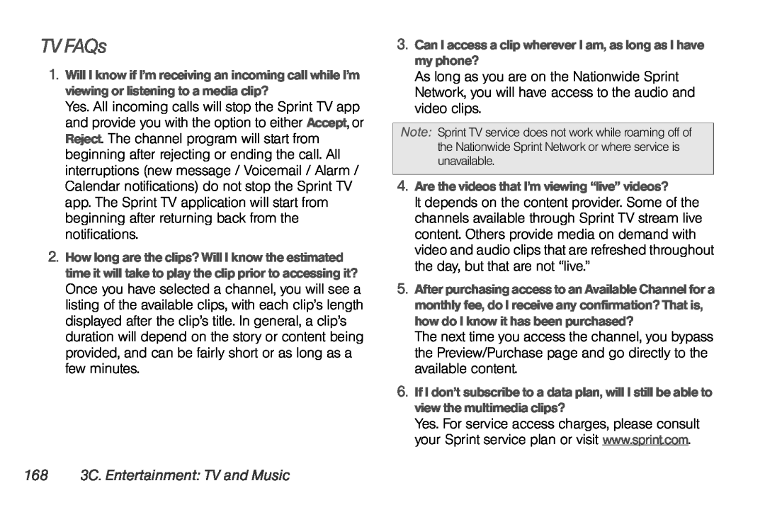 LG Electronics Optimus S manual TV FAQs, 168 3C. Entertainment TV and Music 