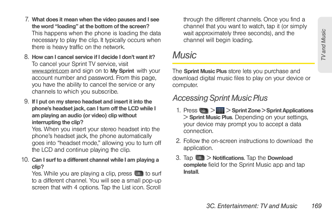 LG Electronics Optimus S manual Accessing Sprint Music Plus, 3C. Entertainment TV and Music 