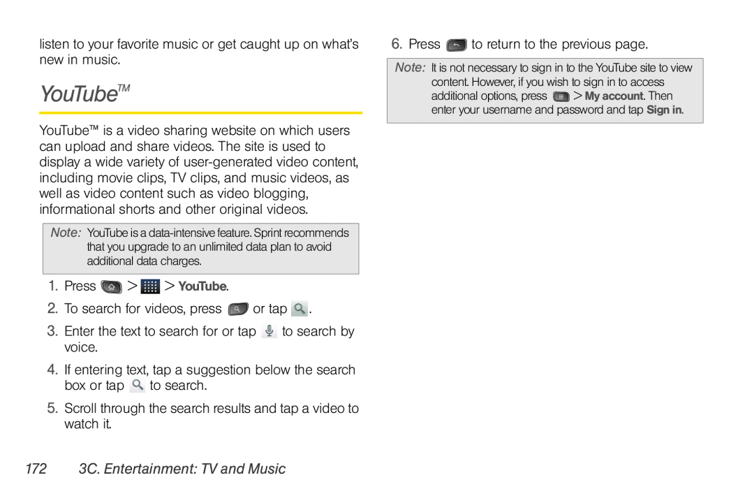 LG Electronics Optimus S manual YouTubeTM, 172 3C. Entertainment TV and Music 