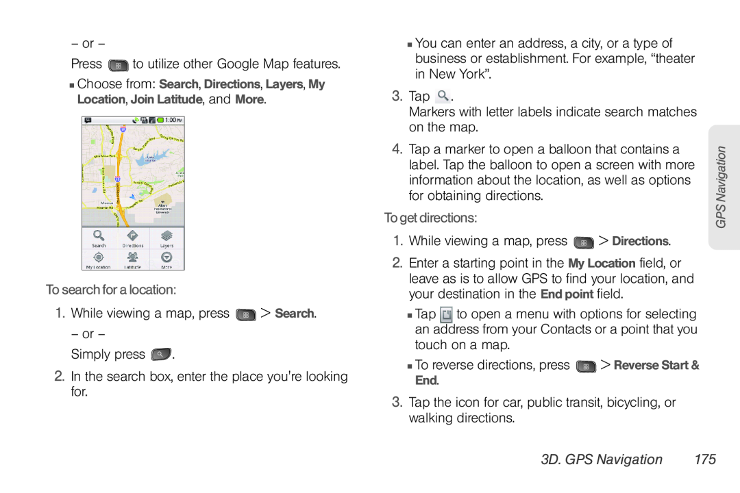 LG Electronics Optimus S manual To search for a location, To get directions, 3D. GPS Navigation 