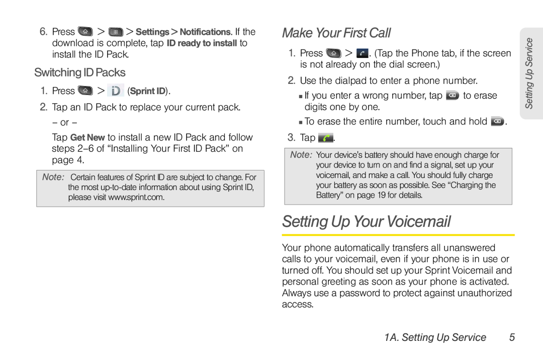 LG Electronics Optimus S manual Setting Up Your Voicemail, Make Your First Call, Switching ID Packs, 1A. Setting Up Service 