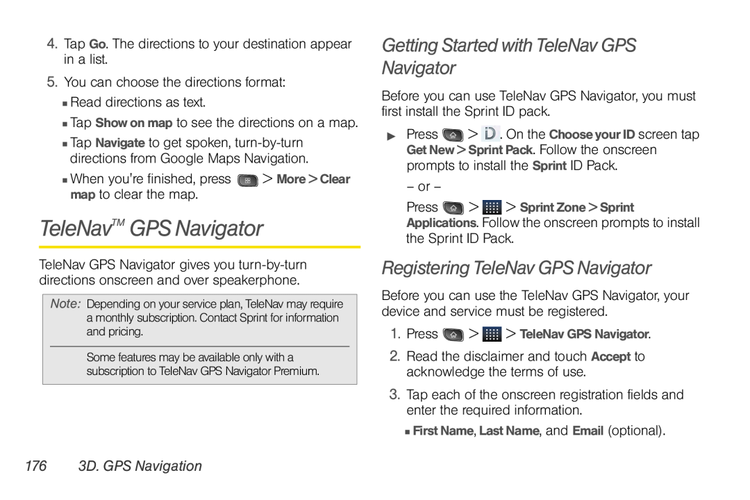 LG Electronics Optimus S manual TeleNavTM GPS Navigator, Getting Started with TeleNav GPS Navigator, 176 3D. GPS Navigation 