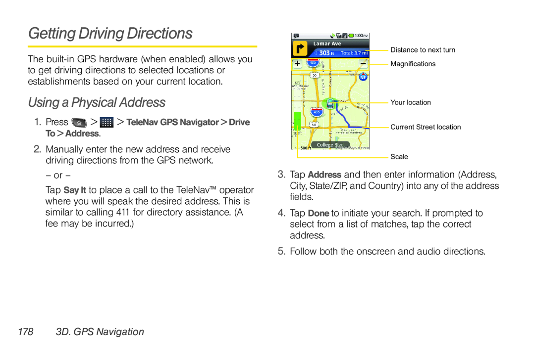 LG Electronics Optimus S manual Getting Driving Directions, Using a Physical Address, 178 3D. GPS Navigation 