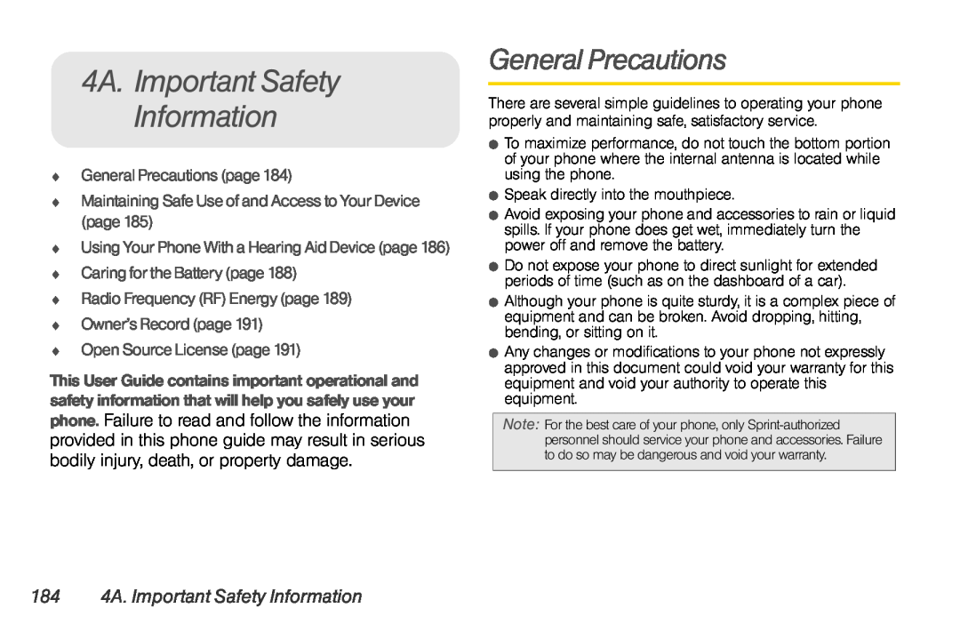 LG Electronics Optimus S manual 184 4A. Important Safety Information,  General Precautions page 