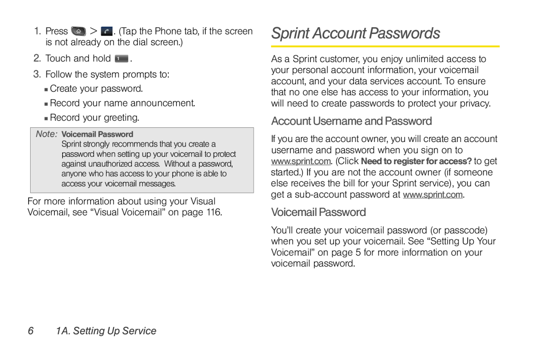 LG Electronics Optimus S manual Sprint Account Passwords, Account Username and Password, Voicemail Password 