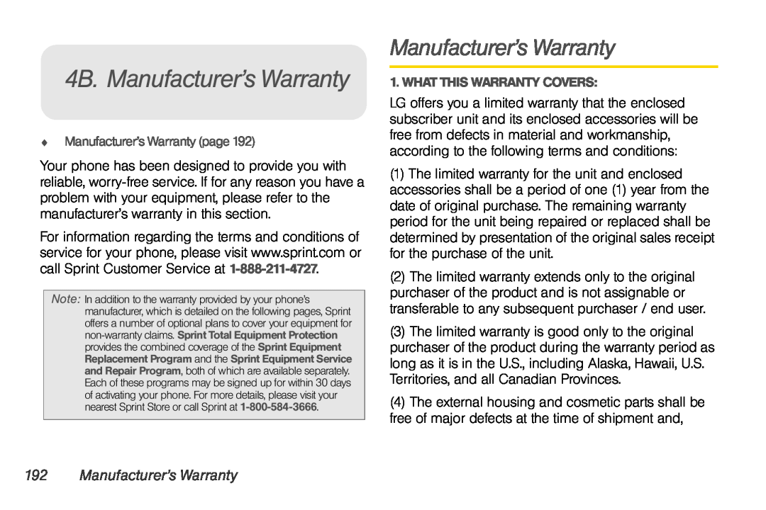 LG Electronics Optimus S manual 4B. Manufacturer’s Warranty,  Manufacturer’s Warranty page, What This Warranty Covers 