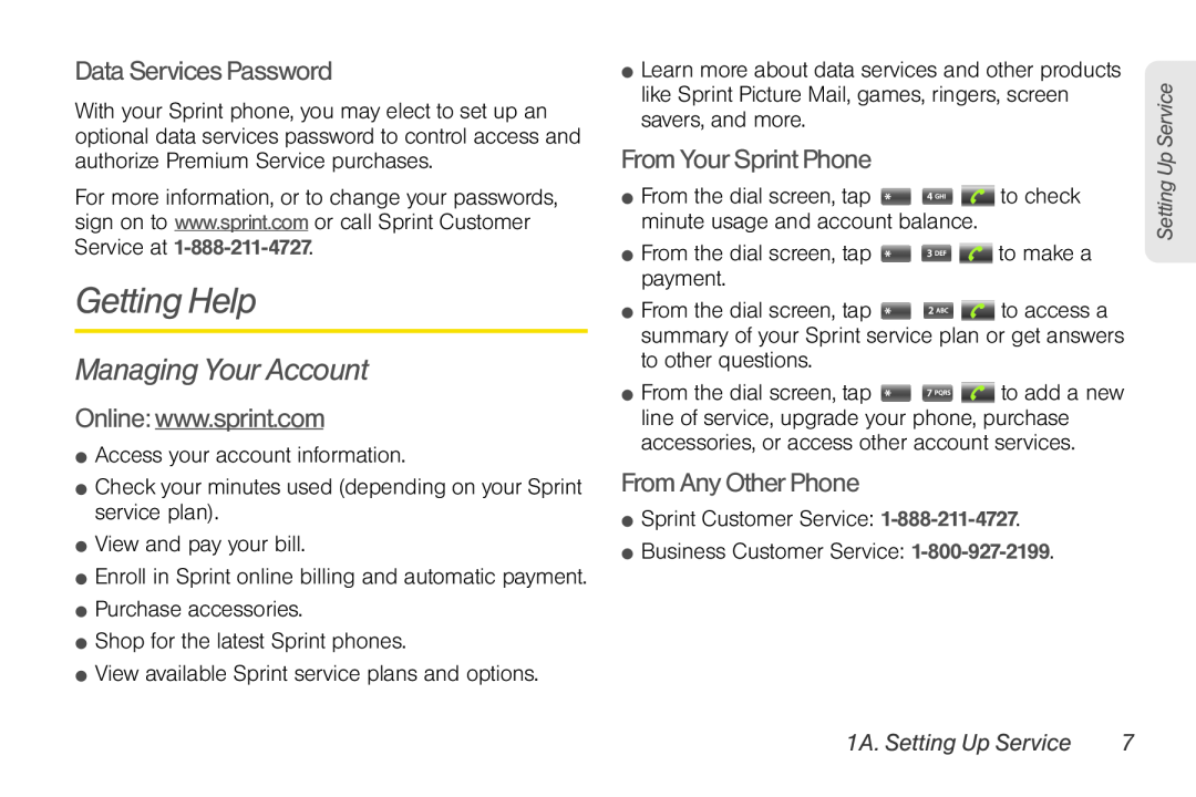 LG Electronics Optimus S manual Getting Help, Managing Your Account, Data Services Password, From Your Sprint Phone 