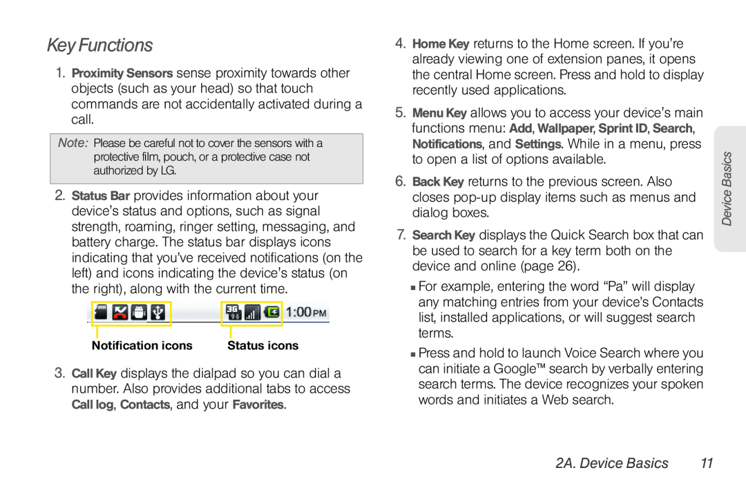 LG Electronics Optimus S manual Key Functions, 2A. Device Basics 