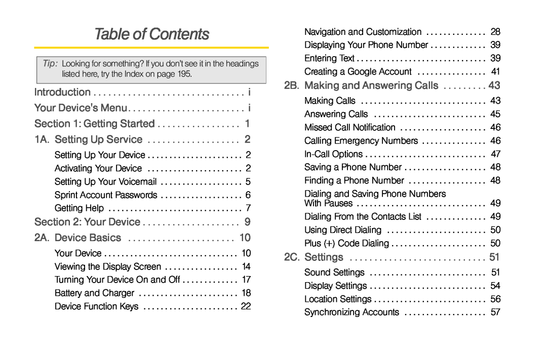 LG Electronics Optimus S manual Table of Contents, Introduction Your Devices Menu Getting Started, 1A. Setting Up Service 