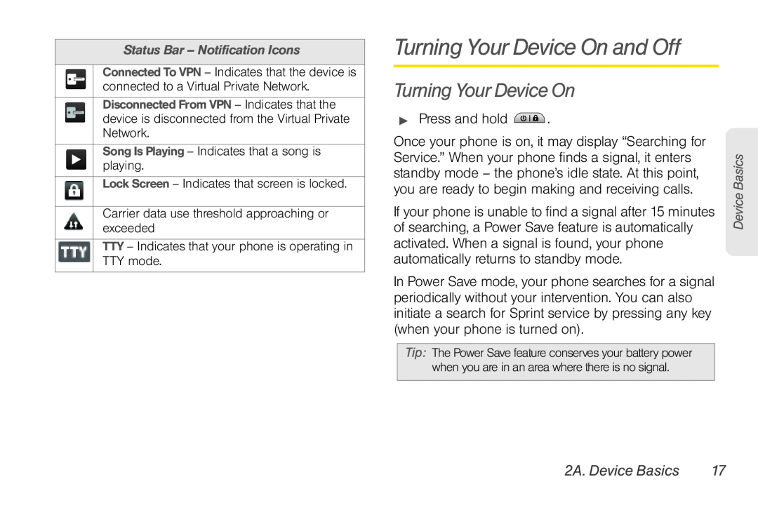 LG Electronics Optimus S manual Turning Your Device On and Off, 2A. Device Basics 