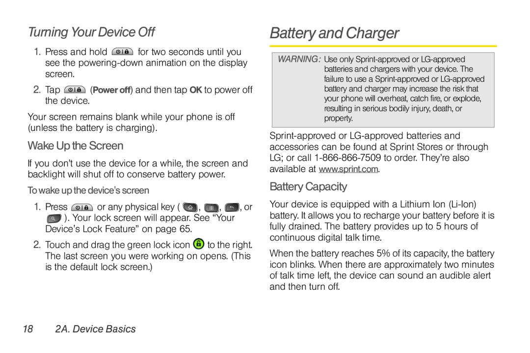 LG Electronics Optimus S manual Battery and Charger, Turning Your Device Off, Wake Up the Screen, Battery Capacity 