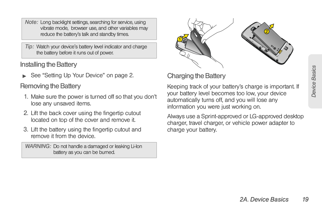 LG Electronics Optimus S manual Installing the Battery, Removing the Battery, Charging the Battery, 2A. Device Basics 