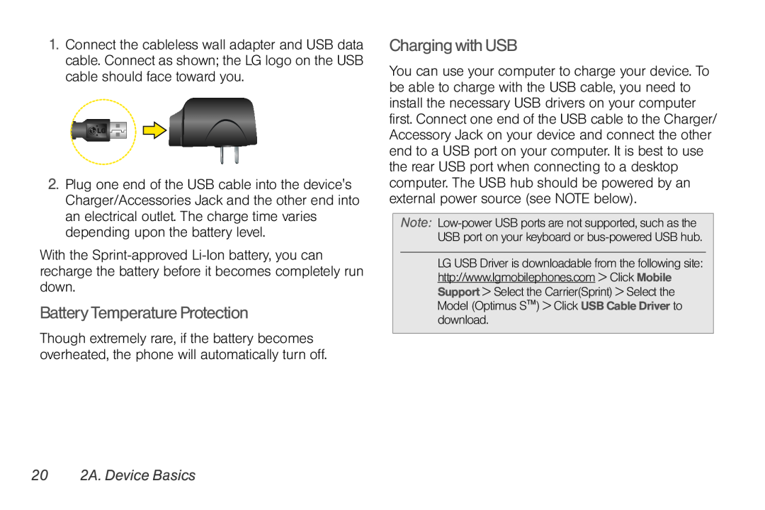 LG Electronics Optimus S manual Battery Temperature Protection, Charging with USB, 20 2A. Device Basics 