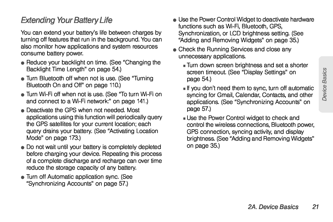 LG Electronics Optimus S manual Extending Your Battery Life, 2A. Device Basics 
