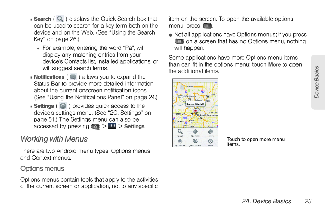 LG Electronics Optimus S manual Working with Menus, Options menus, 2A. Device Basics 