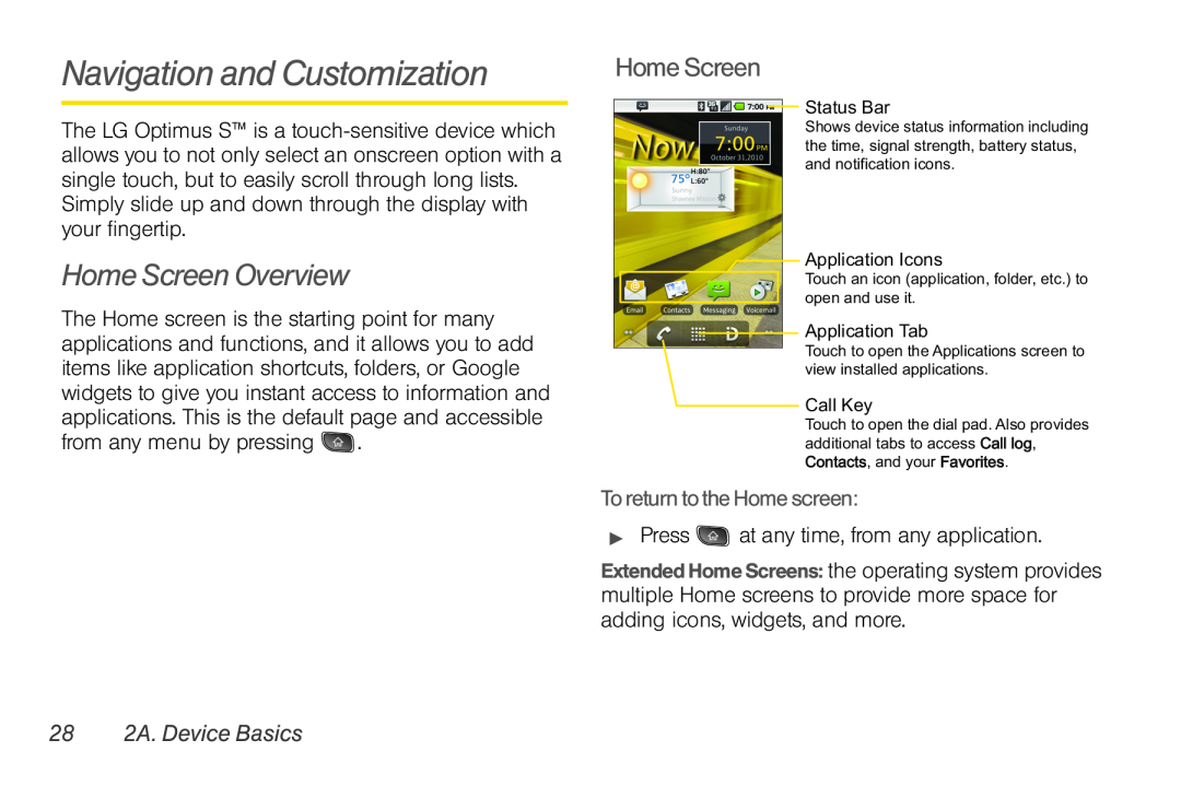 LG Electronics Optimus S manual Navigation and Customization, Home Screen Overview, To return to the Home screen 