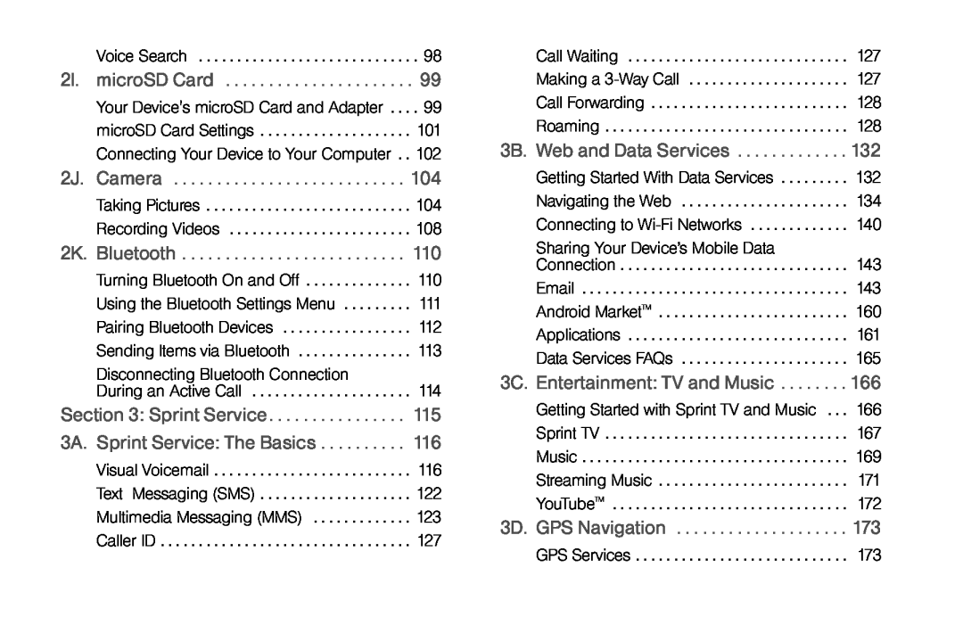 LG Electronics Optimus S manual 2I. microSD Card, 2J. Camera, 2K. Bluetooth, Sprint Service 3A. Sprint Service The Basics 