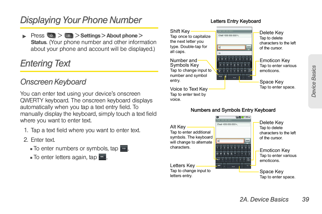 LG Electronics Optimus S manual Displaying Your Phone Number, Entering Text, Onscreen Keyboard, 2A. Device Basics 