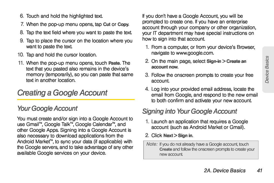LG Electronics Optimus S manual Creating a Google Account, Signing into Your Google Account, 2A. Device Basics 