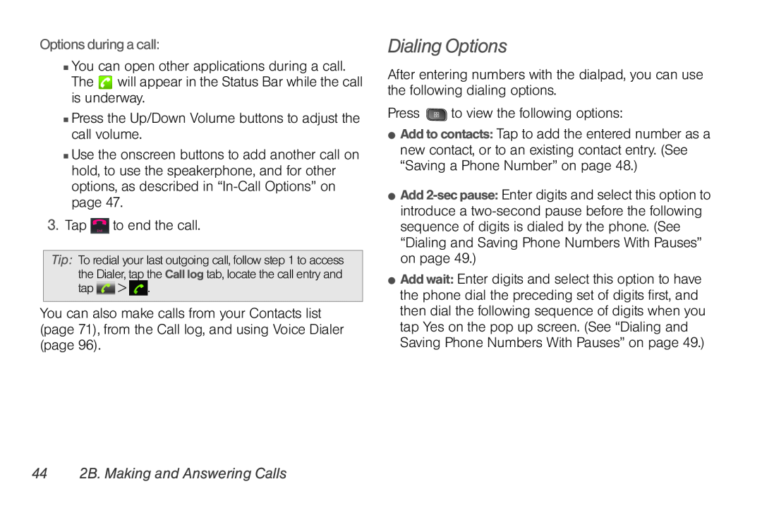LG Electronics Optimus S manual Dialing Options, Options during a call, 44 2B. Making and Answering Calls 