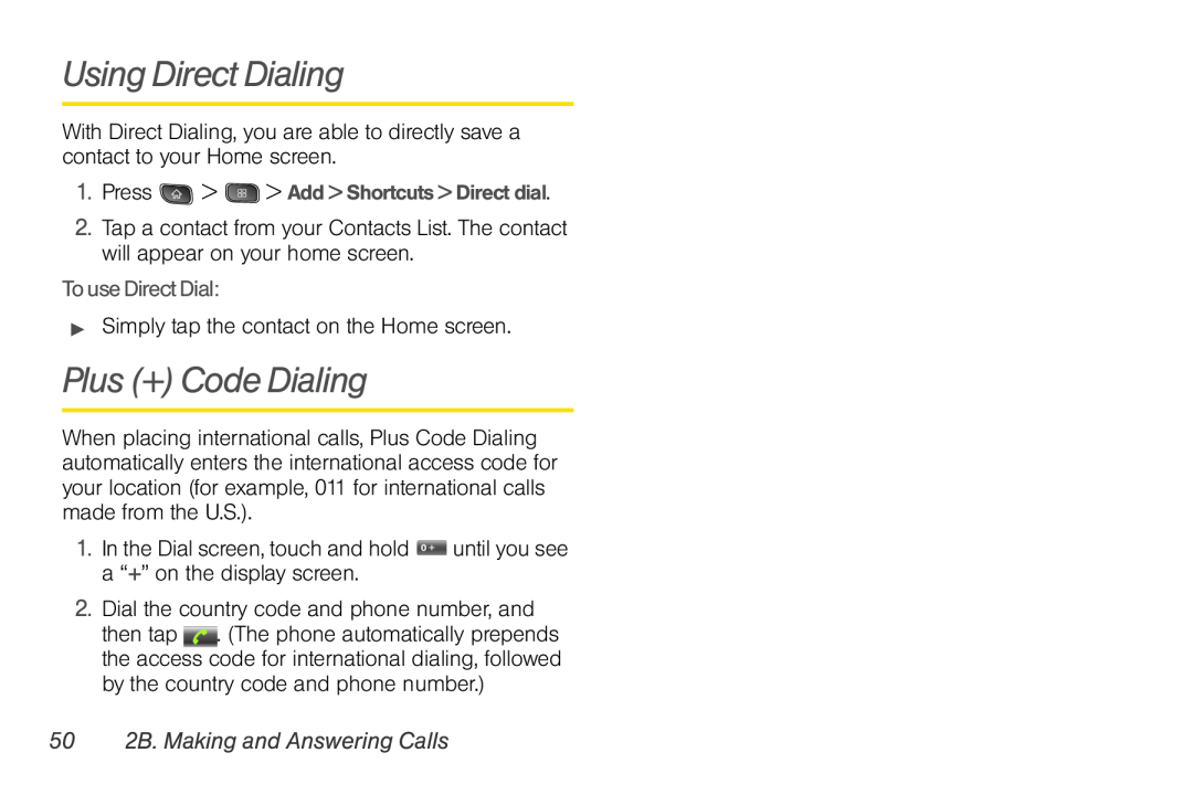 LG Electronics Optimus S Using Direct Dialing, Plus + Code Dialing, To use Direct Dial, 50 2B. Making and Answering Calls 