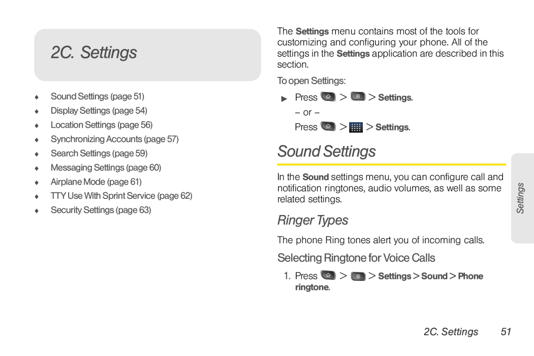 LG Electronics Optimus S 2C. Settings, Sound Settings, Ringer Types, Selecting Ringtone for Voice Calls, To open Settings 