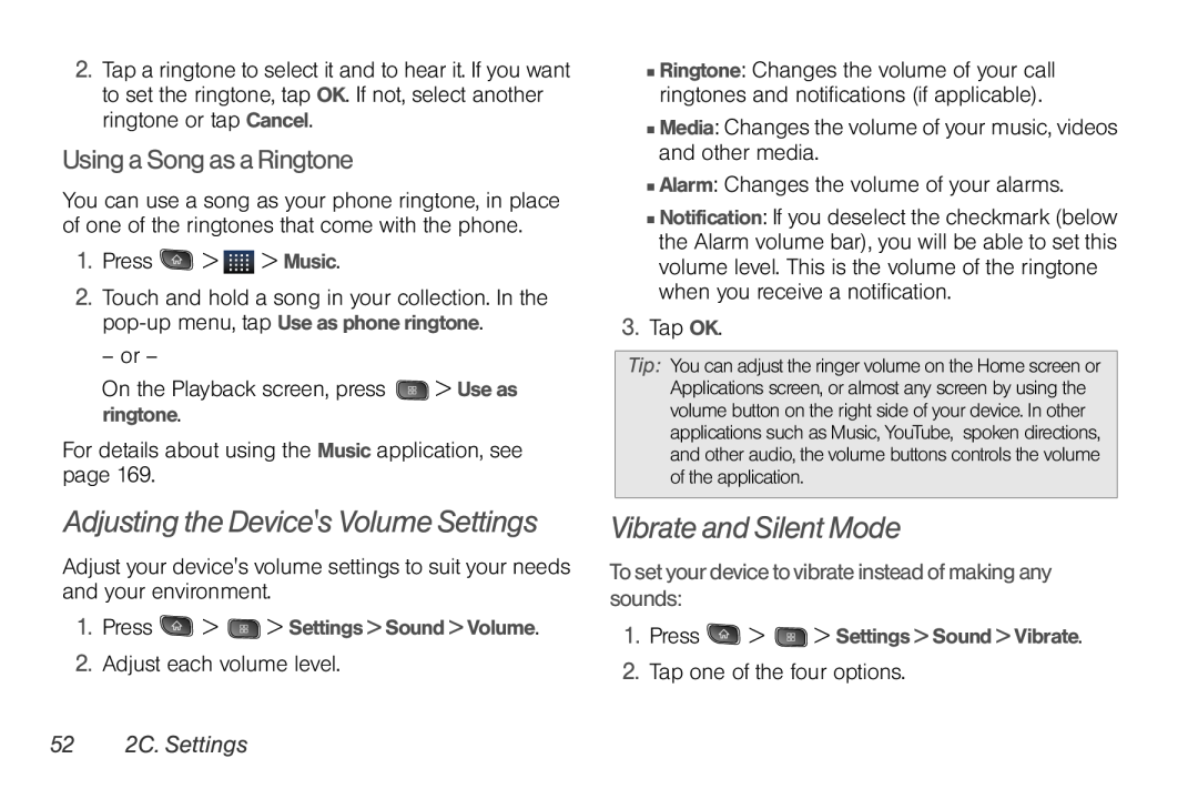 LG Electronics Optimus S manual Adjusting the Devices Volume Settings, Vibrate and Silent Mode, Using a Song as a Ringtone 