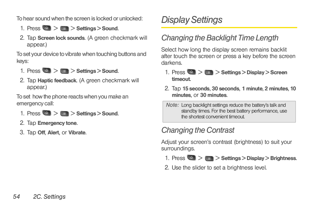 LG Electronics Optimus S Display Settings, Changing the Backlight Time Length, Changing the Contrast, 54 2C. Settings 