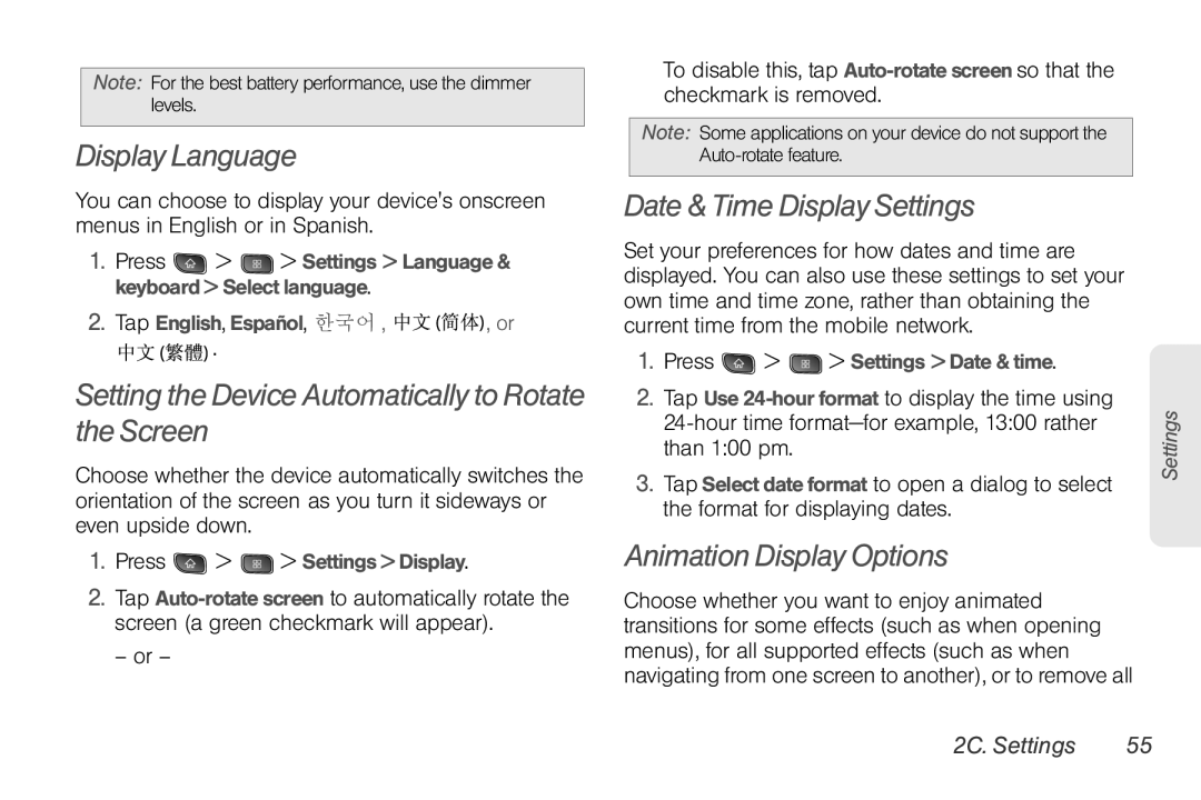LG Electronics Optimus S manual Display Language, Setting the Device Automatically to Rotate the Screen, 2C. Settings 