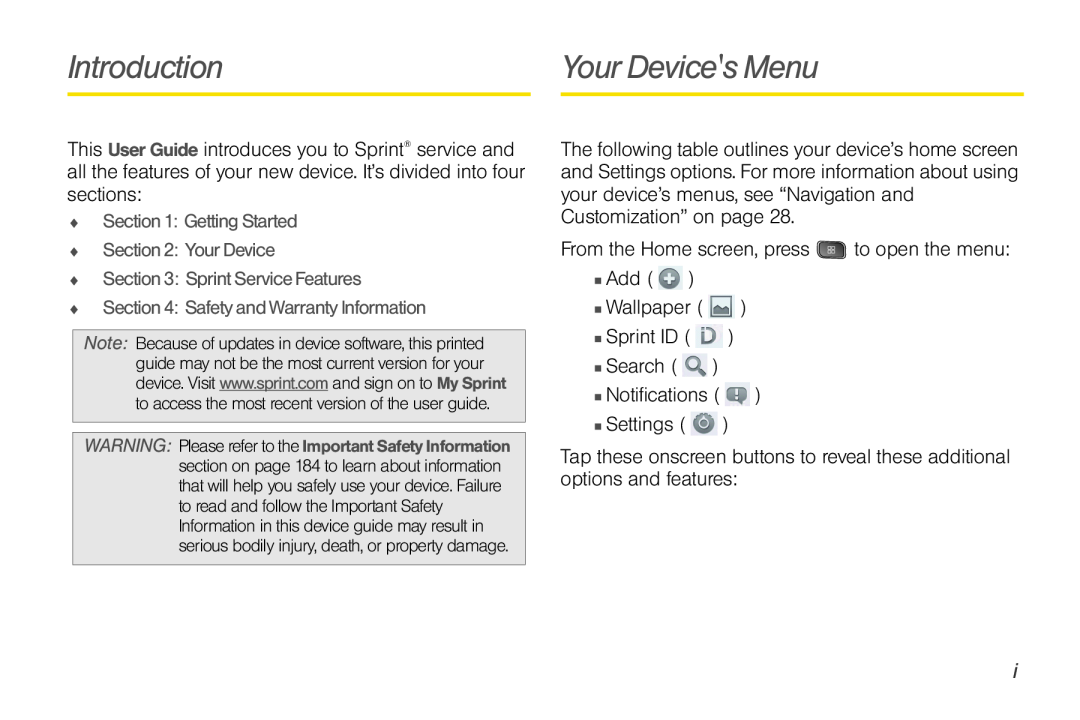 LG Electronics Optimus S Introduction, Your Devices Menu, This User Guide introduces you to Sprint service and,  Search 
