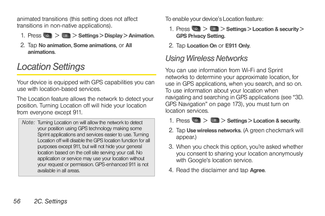 LG Electronics Optimus S manual Location Settings, Using Wireless Networks, To enable your devices Location feature 