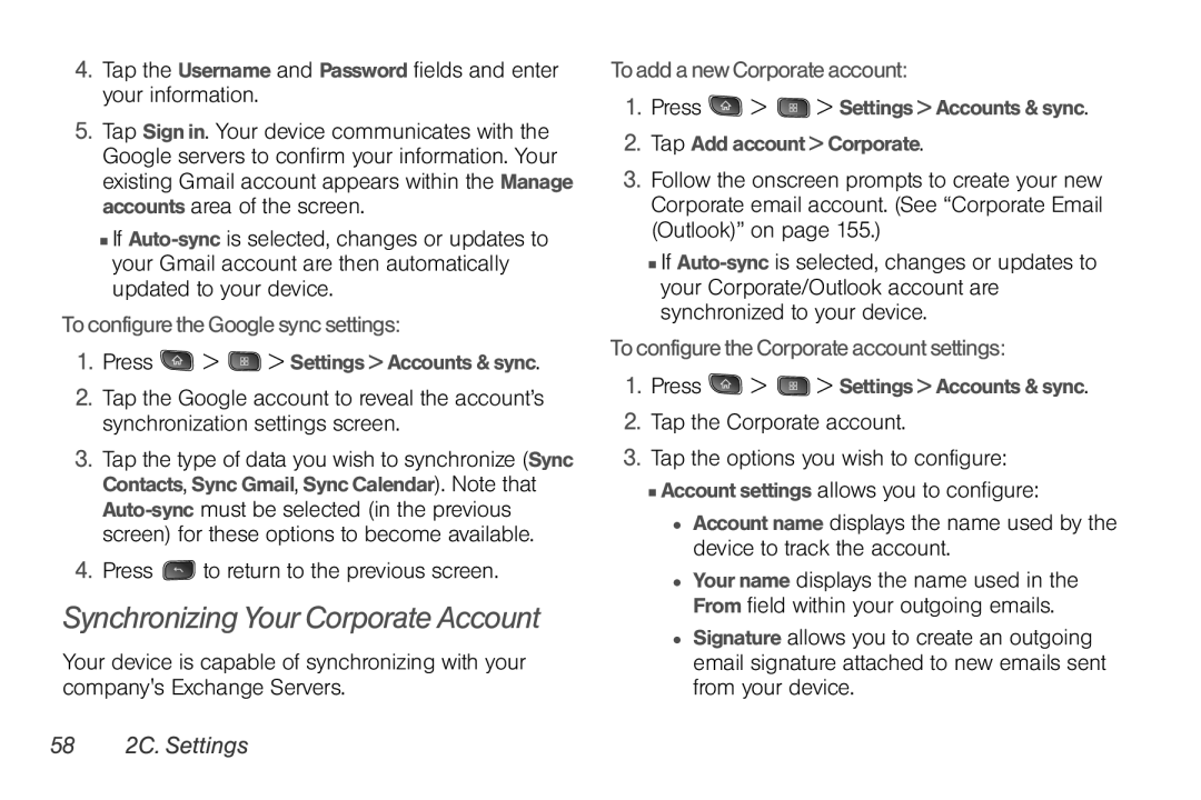 LG Electronics Optimus S Synchronizing Your Corporate Account, To configure the Google sync settings, 58 2C. Settings 