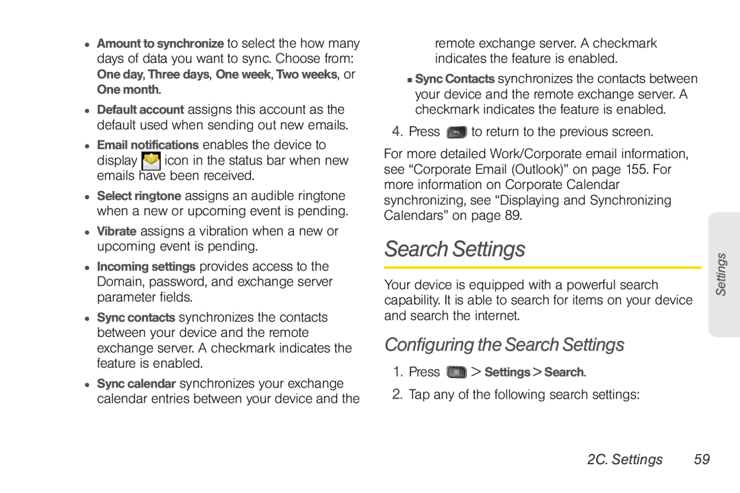 LG Electronics Optimus S manual Configuring the Search Settings, 2C. Settings 