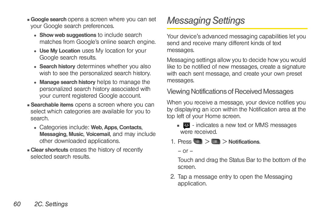 LG Electronics Optimus S manual Messaging Settings, Viewing Notifications of Received Messages, 60 2C. Settings 
