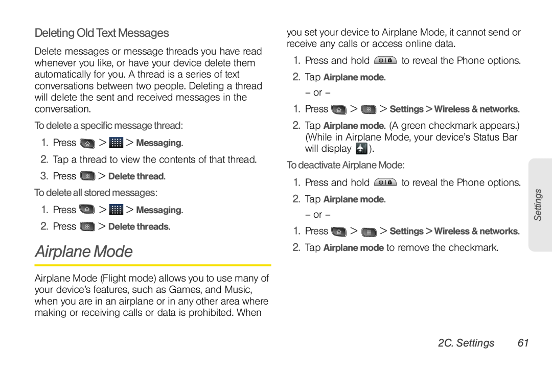 LG Electronics Optimus S Airplane Mode, Deleting Old Text Messages, To delete a specific message thread, 2C. Settings 