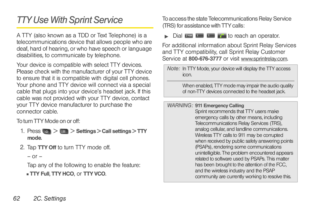 LG Electronics Optimus S manual TTY Use With Sprint Service, To turn TTY Mode on or off, 62 2C. Settings 
