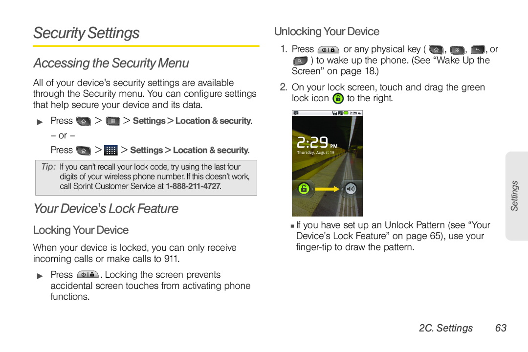 LG Electronics Optimus S Security Settings, Accessing the Security Menu, Your Devices Lock Feature, Locking Your Device 