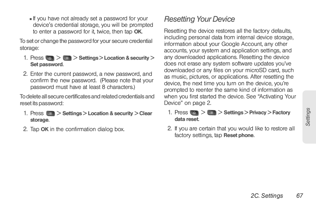LG Electronics Optimus S Resetting Your Device, To set or change the password for your secure credential storage, Settings 