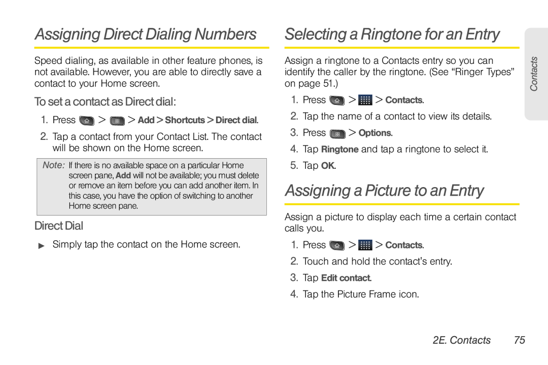 LG Electronics Optimus S manual Assigning Direct Dialing Numbers, Selecting a Ringtone for an Entry, 2E. Contacts 