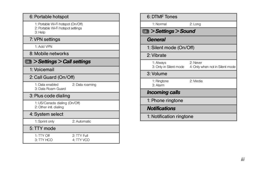 LG Electronics Optimus S manual Settings Call settings, Settings Sound General, Incoming calls, Notifications 