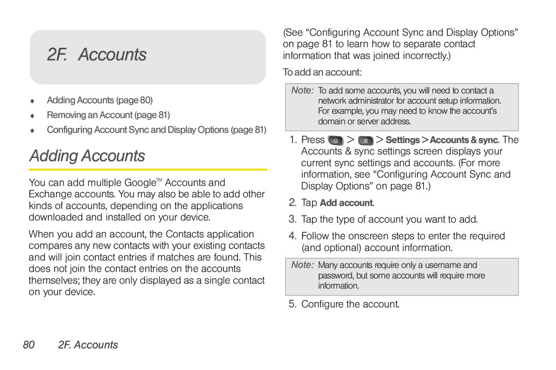 LG Electronics Optimus S manual Adding Accounts, To add an account, 80 2F. Accounts 