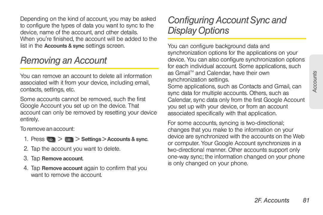 LG Electronics Optimus S manual Removing an Account, Configuring Account Sync and Display Options, To remove an account 