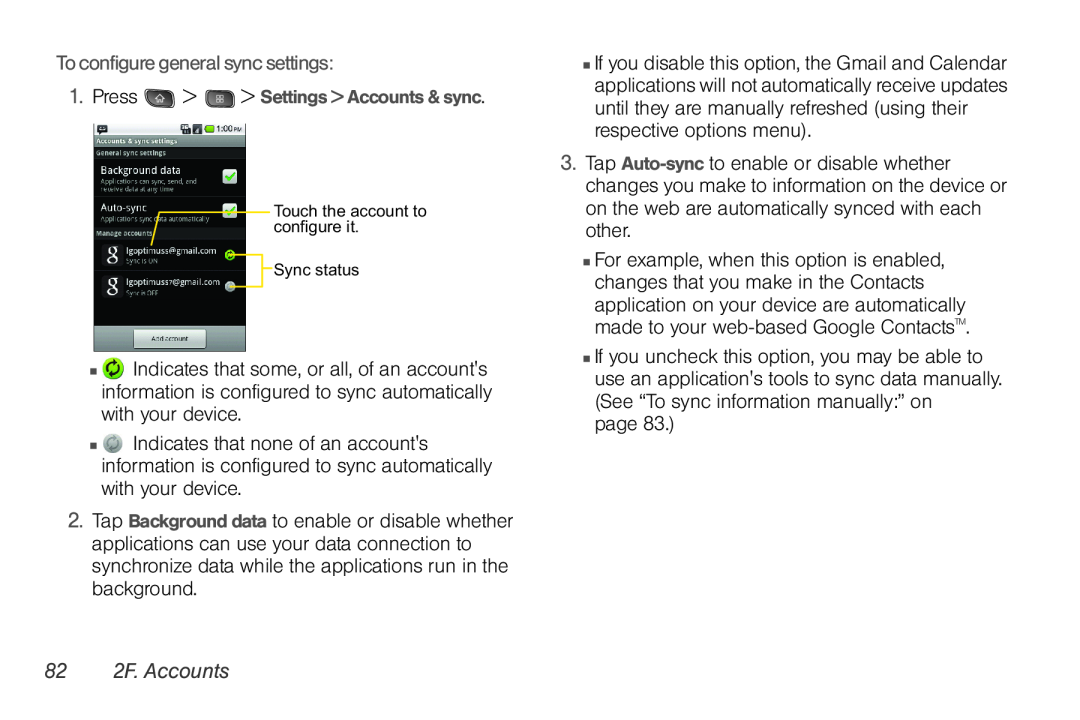 LG Electronics Optimus S manual To configure general sync settings, 82 2F. Accounts 