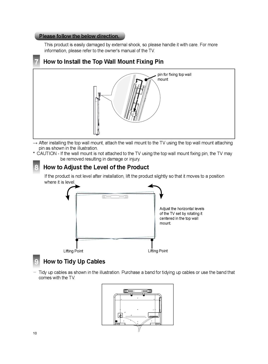 LG Electronics OSW100 install manual How to Install the Top Wall Mount Fixing Pin, How to Adjust the Level of the Product 