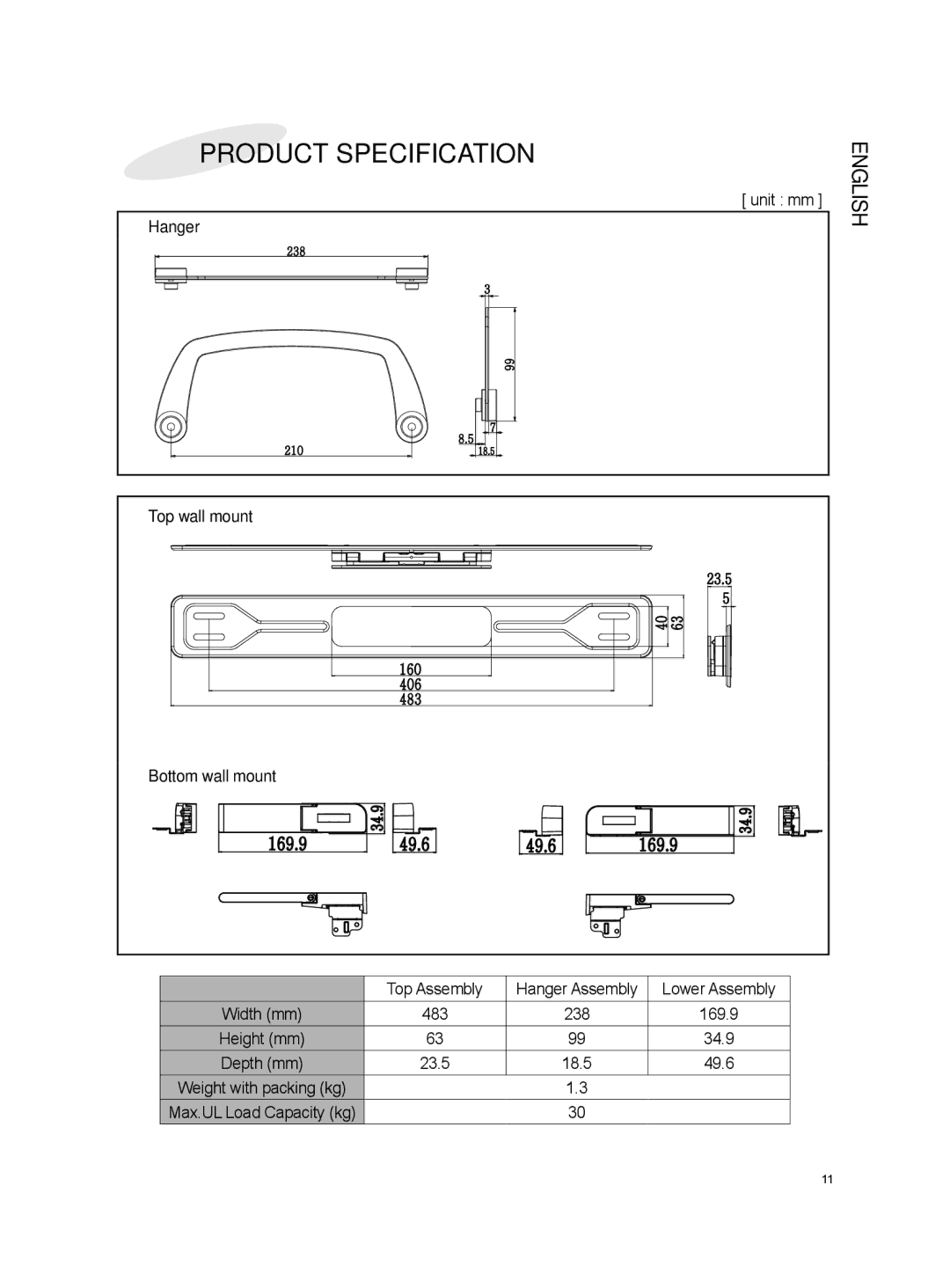 LG Electronics OSW100 install manual Product Specification, Unit mm, Top Assembly, Lower Assembly, 483 