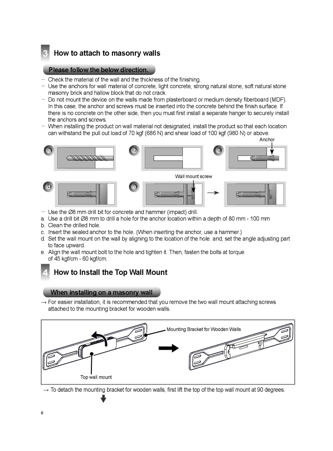 LG Electronics OSW100 install manual How to attach to masonry walls, How to Install the Top Wall Mount 