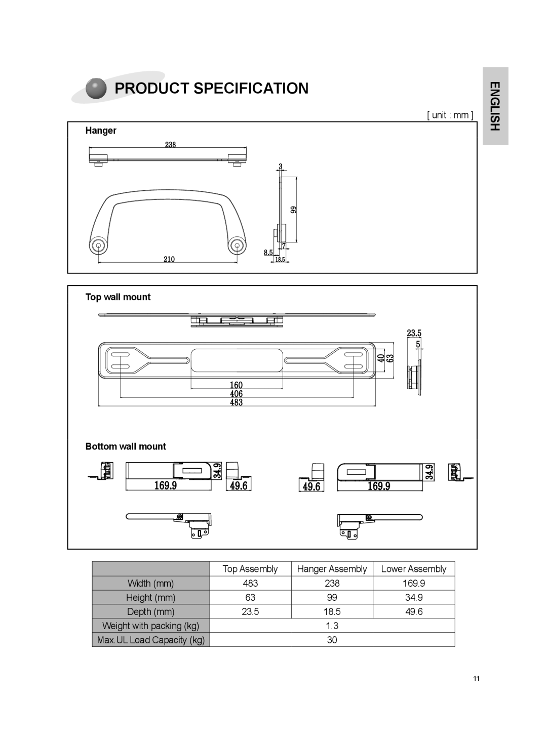 LG Electronics OSW100 install manual Product Specification, English, Hanger, Top wall mount, Bottom wall mount 