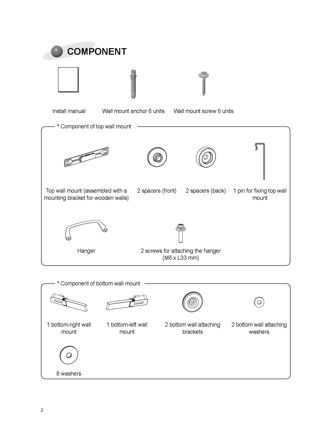 LG Electronics OSW100 Install manual, Wall mount anchor 6 units, Component of top wall mount, spacers front, Hanger 